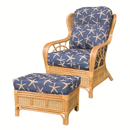 Wicker Rattan Framed Upholstered Chair and Ottoman